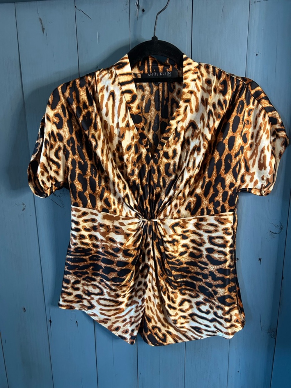Anne Klein Leopard-Print Twist Front Blouse in Brown and Black | Size 2